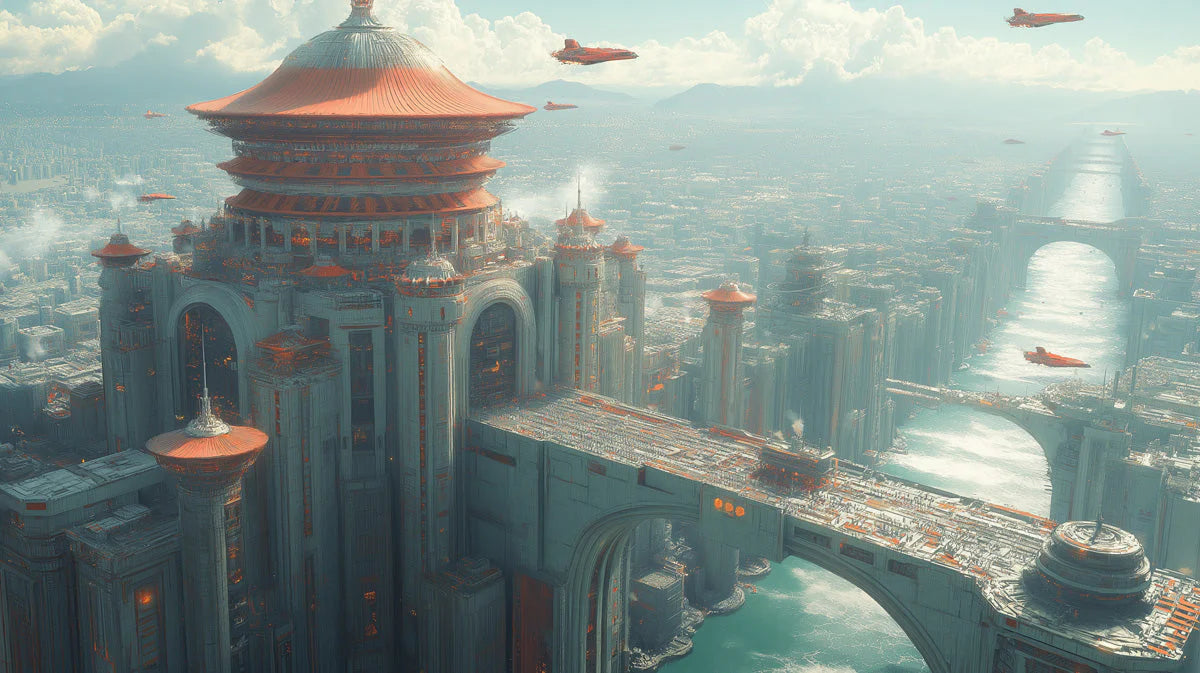 Celestial Metropolis Mural Wallpaper — Futuristic Sci-Fi Cityscape Mural Wallpaper - room preview 02