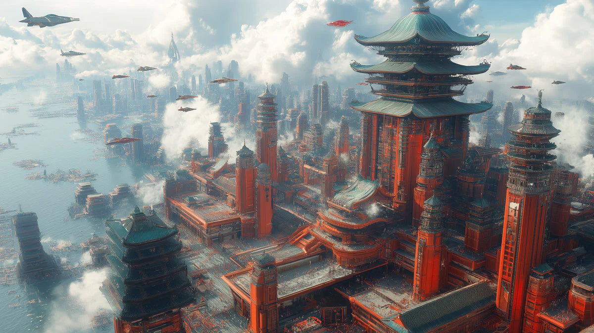 Futuristic Pagoda Cityscape Mural Wallpaper — Architectural Mural Mural Wallpaper - room preview 02