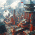 Futuristic Pagoda Cityscape Mural Wallpaper — Architectural Mural Mural Wallpaper - room preview 02