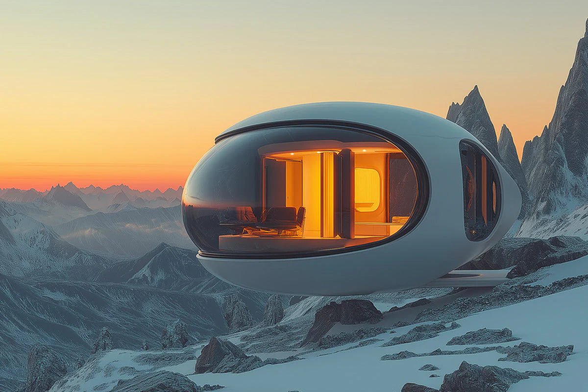 Futuristic Mountain Dwelling Mural Wallpaper — Sci-Fi Sunset Horizon Mural Wallpaper - room preview 02