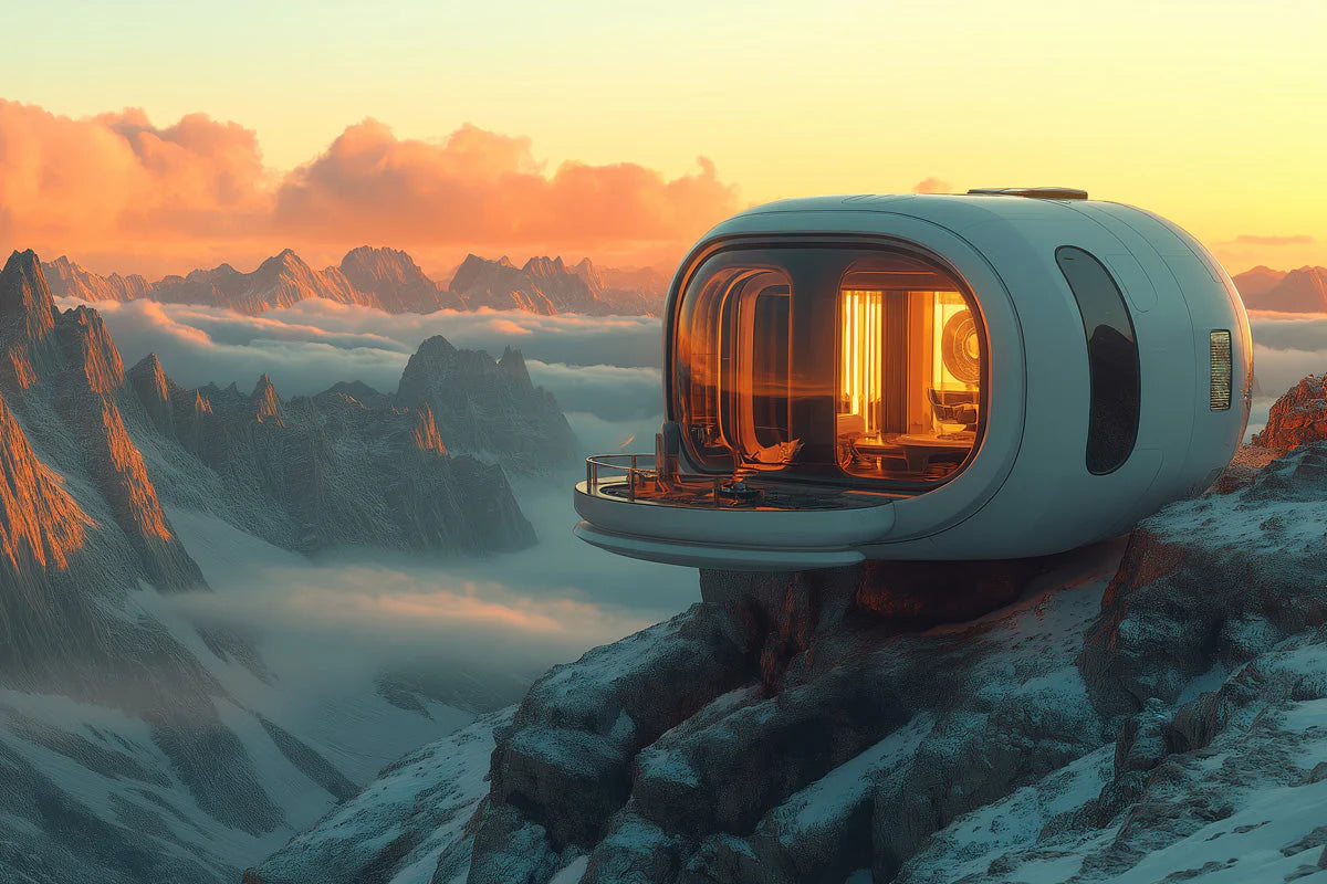 Futuristic Mountain Capsule Mural Wallpaper — Warm Sunset Glow Mural Wallpaper - room preview 02