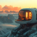 Futuristic Mountain Capsule Mural Wallpaper — Warm Sunset Glow Mural Wallpaper - room preview 02
