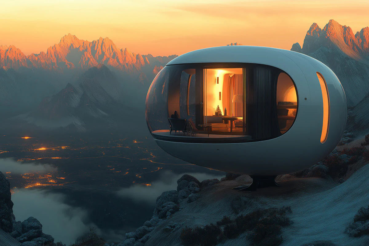 Futuristic Mountain Dwelling Mural Wallpaper — Sci-Fi Sunset Landscape Mural Wallpaper - room preview 02