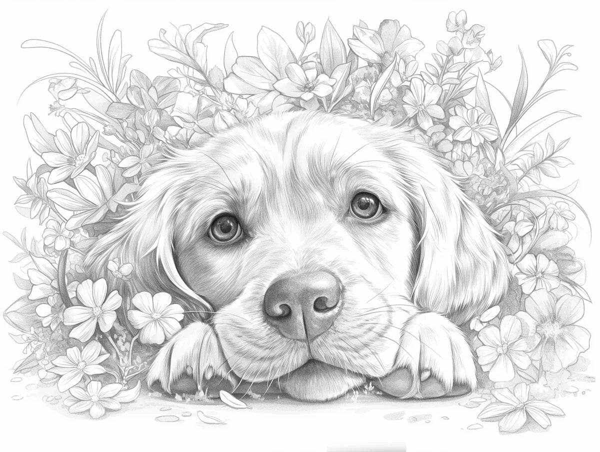 Golden Retriever Floral Sketch Mural Wallpaper — Monochrome Art Mural Wallpaper - room preview 02