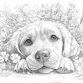Golden Retriever Floral Sketch Mural Wallpaper — Monochrome Art Mural Wallpaper - room preview 02