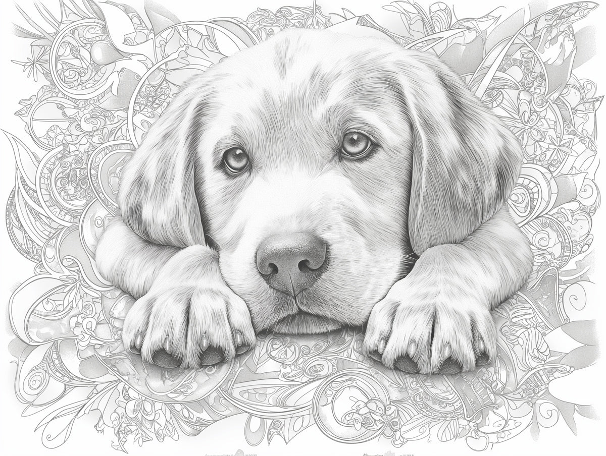 Golden Retriever Sketch Mural Wallpaper — Monochrome Floral Art Mural Wallpaper - room preview 02