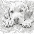 Golden Retriever Sketch Mural Wallpaper — Monochrome Floral Art Mural Wallpaper - room preview 02
