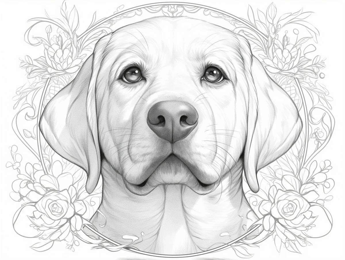 Golden Retriever Floral Mural Wallpaper — Line Art Sketch Style Mural Wallpaper - room preview 02
