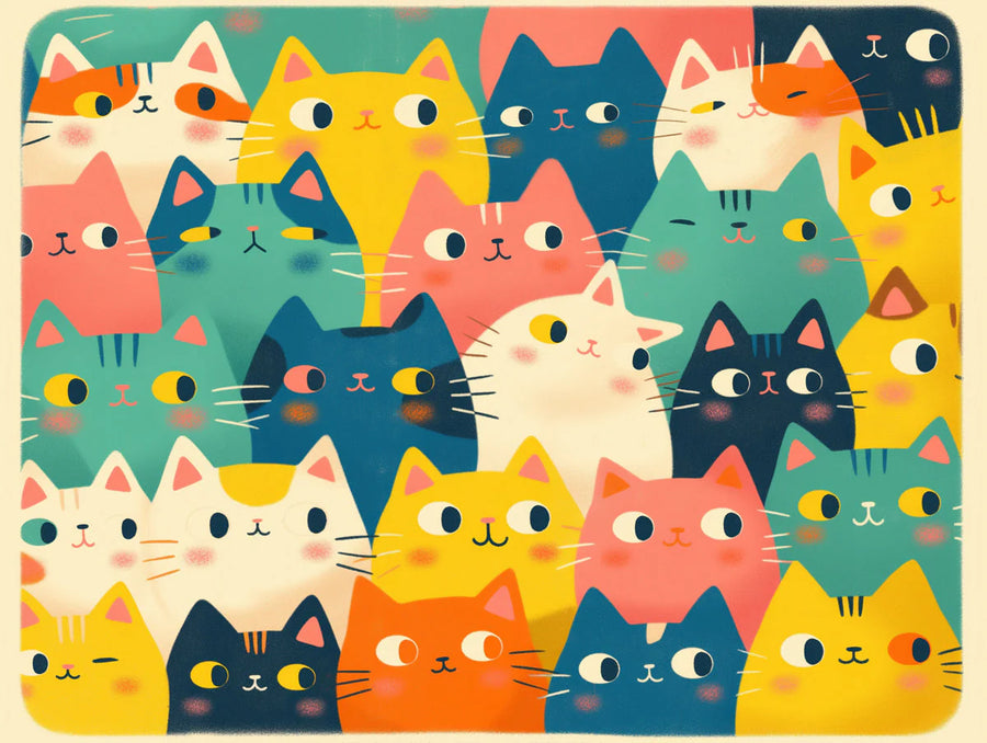 Kids Room Wallpaper Mural – Children Wall Mural – Playful Cat Faces — Whimsical Multicolored Design printable artwork