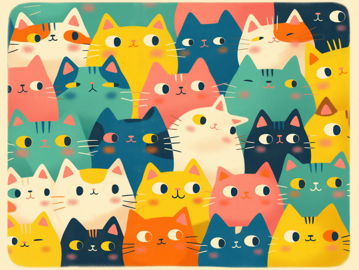 Playful Cat Faces Mural Wallpaper — Whimsical Multicolored Design Mural Wallpaper - room preview 02
