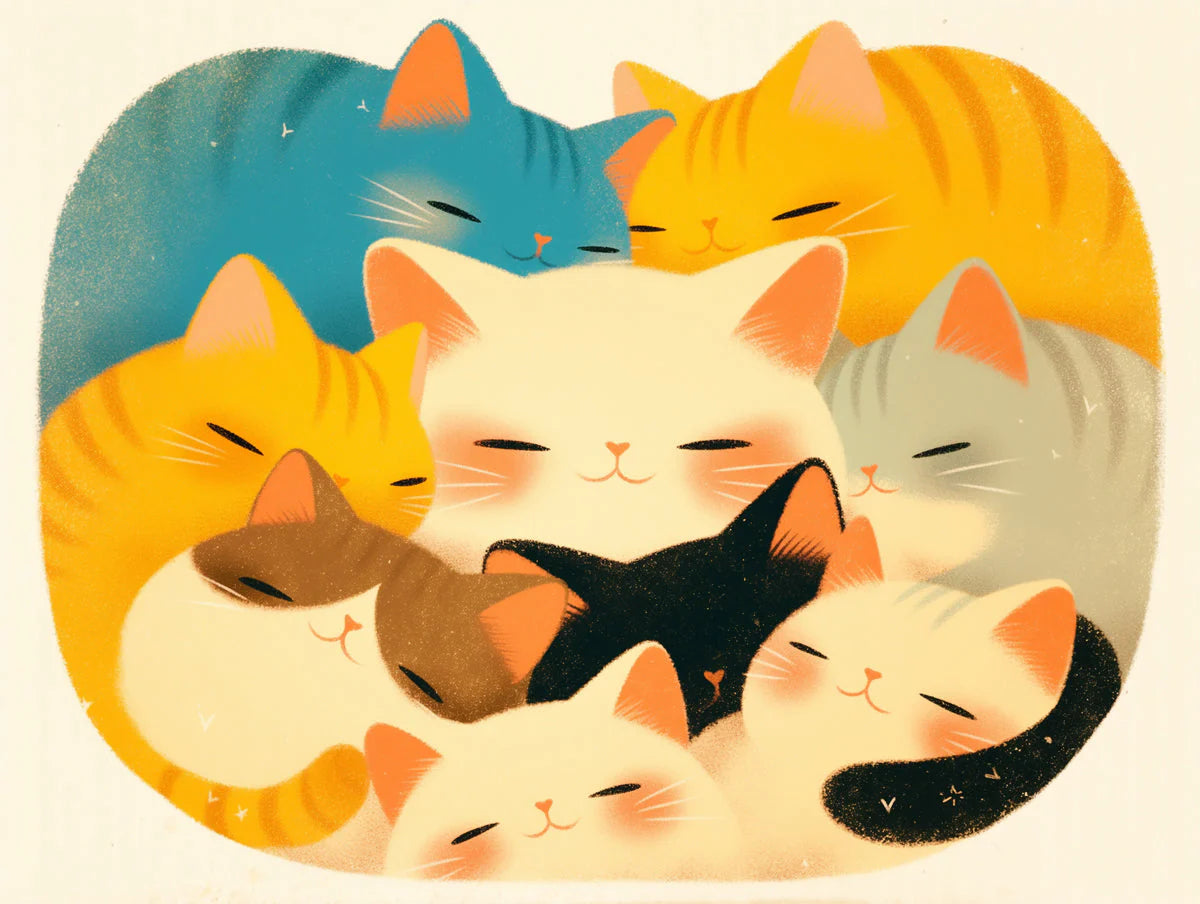 Cuddling Cats Illustration Mural Wallpaper — Whimsical Decor Mural Wallpaper - room preview 02