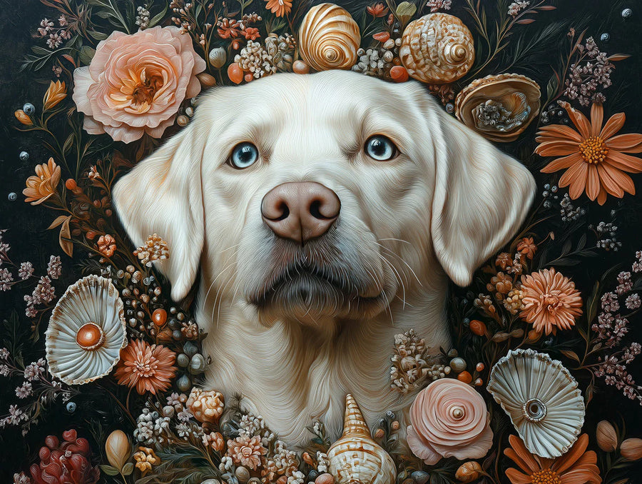 Nature Wallpaper Mural – Natural Wall Mural for study – Labrador Retriever Botanical — Midnight Floral Study printable artwork