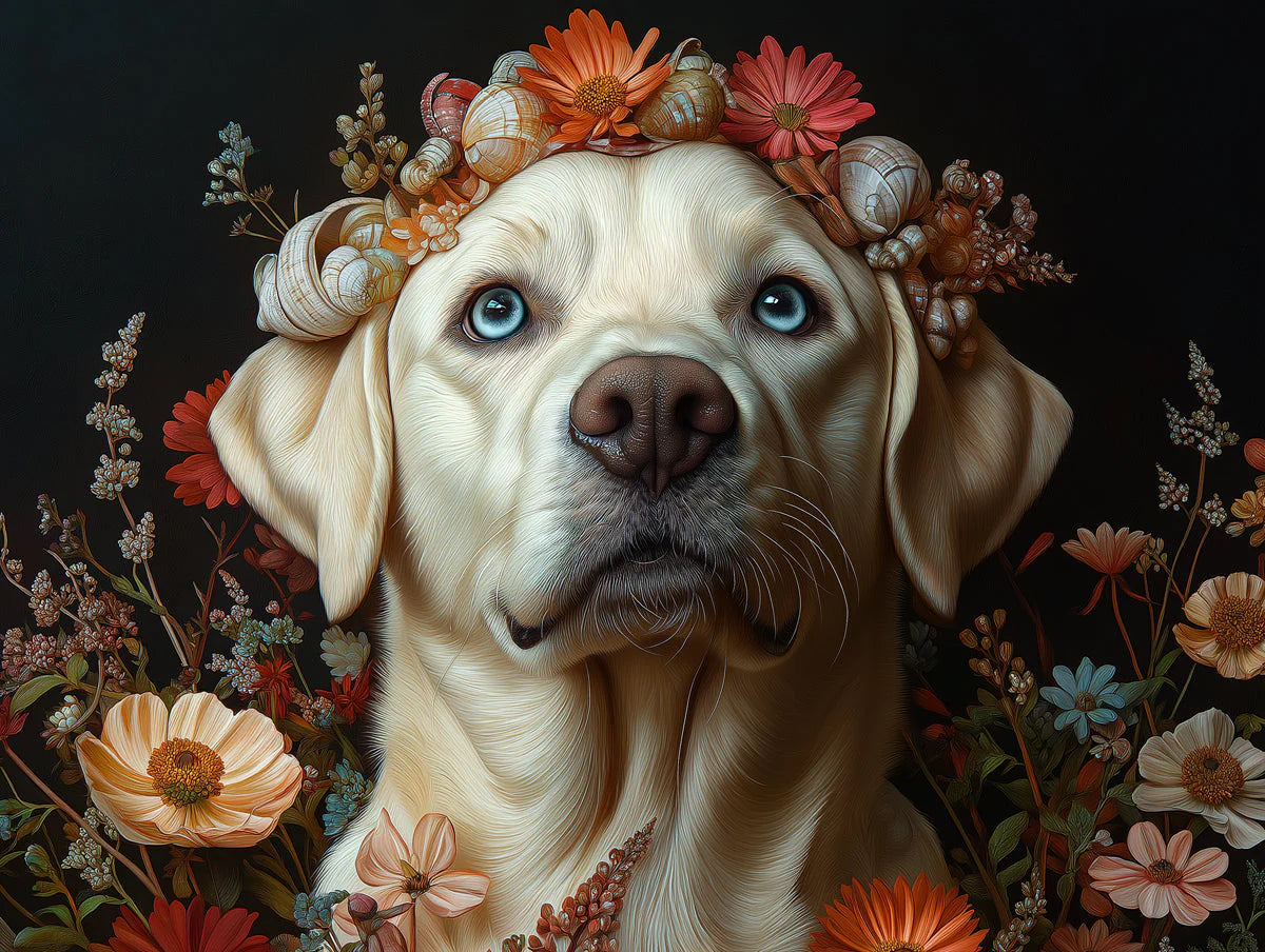 Labrador Retriever Floral Mural Wallpaper — Moody Portrait Art Mural Wallpaper - room preview 02
