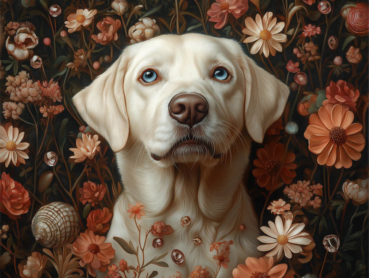 Labrador Retriever Floral Mural Wallpaper in Dark Moody Tones Mural Wallpaper - room preview 02