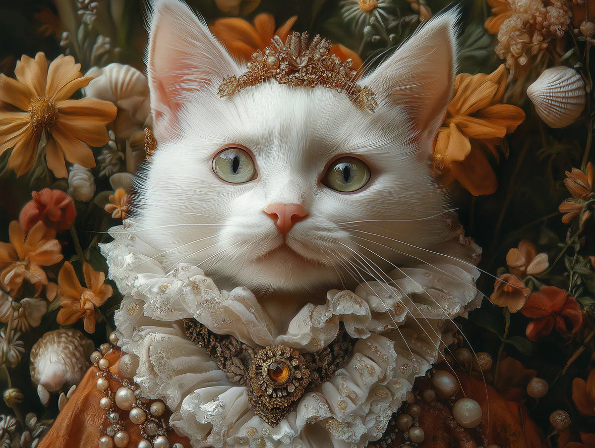 Royal White Cat Mural Wallpaper — Whimsical Floral Fantasy Mural Wallpaper - room preview 02