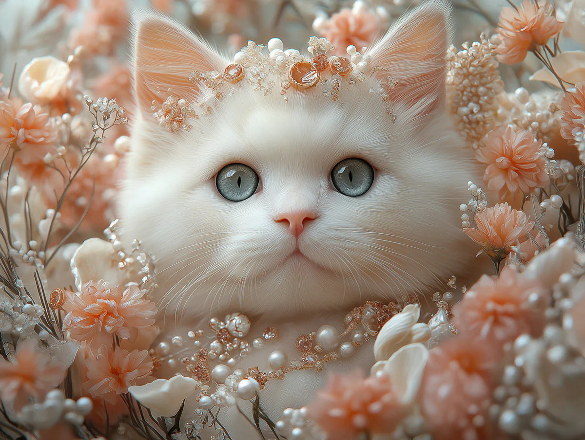 White Fluffy Cat and Floral Mural Wallpaper — Dreamy Pastel Mural Wallpaper - room preview 02
