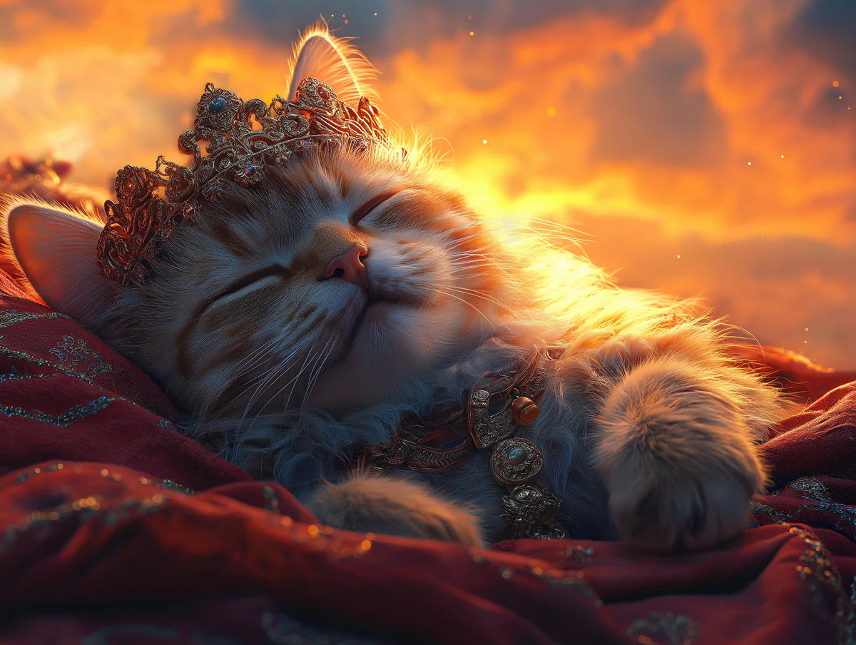 Sleeping Royal Cat Mural Wallpaper — Sunset Hued Fantasy Mural Wallpaper - room preview 02