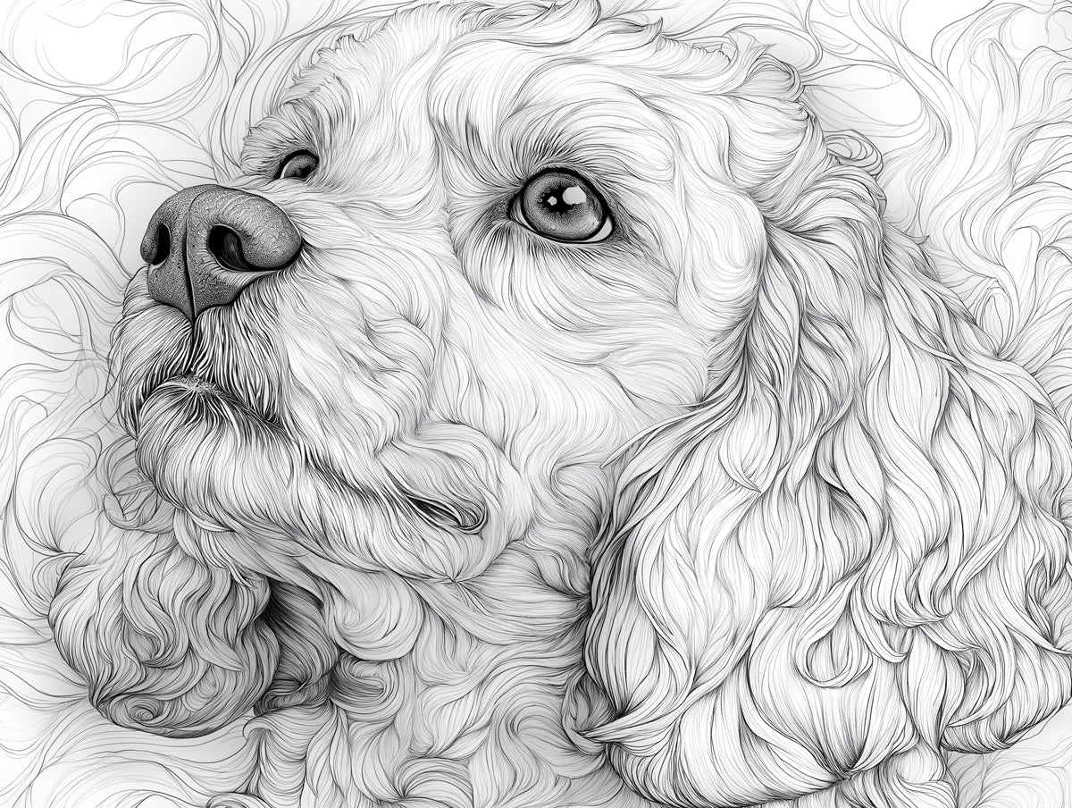 Curly Haired Dog Line Art Mural Wallpaper — Monochrome Sketch Mural Wallpaper - room preview 02