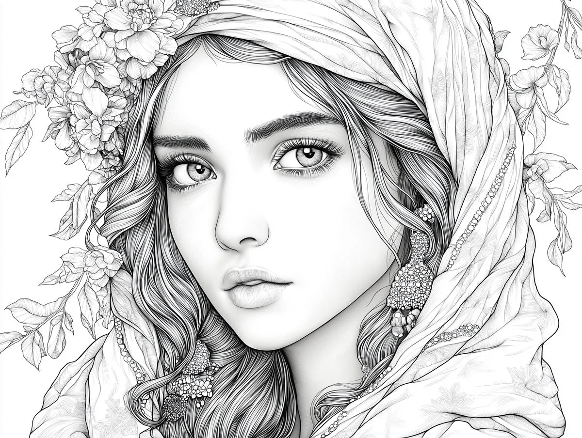 Woman Portrait with Floral Veil Mural Wallpaper — Artistic Sketch Mural Wallpaper - room preview 02
