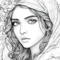 Woman Portrait with Floral Veil Mural Wallpaper — Artistic Sketch Mural Wallpaper - room preview 02