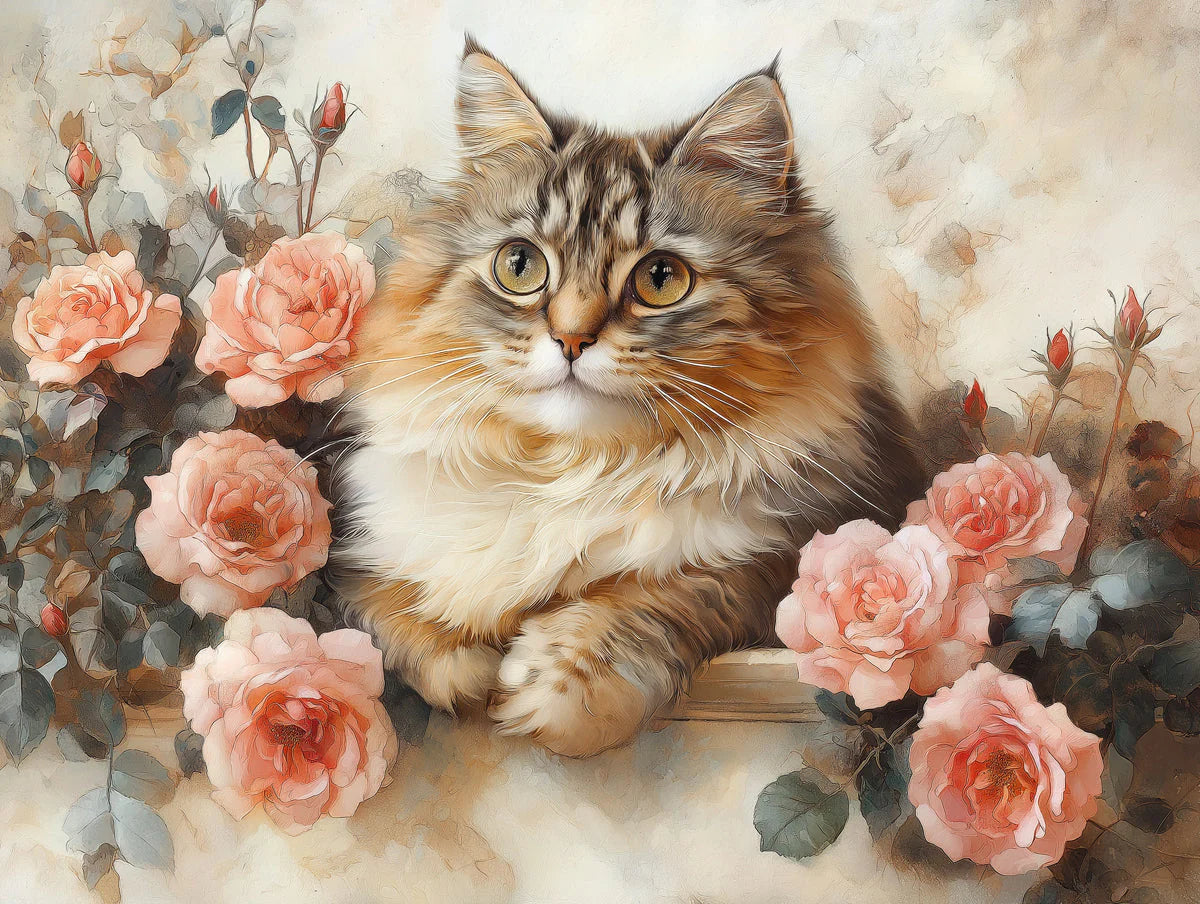Fluffy Cat and Roses Mural Wallpaper — Soft Painterly Style Mural Wallpaper - room preview 02