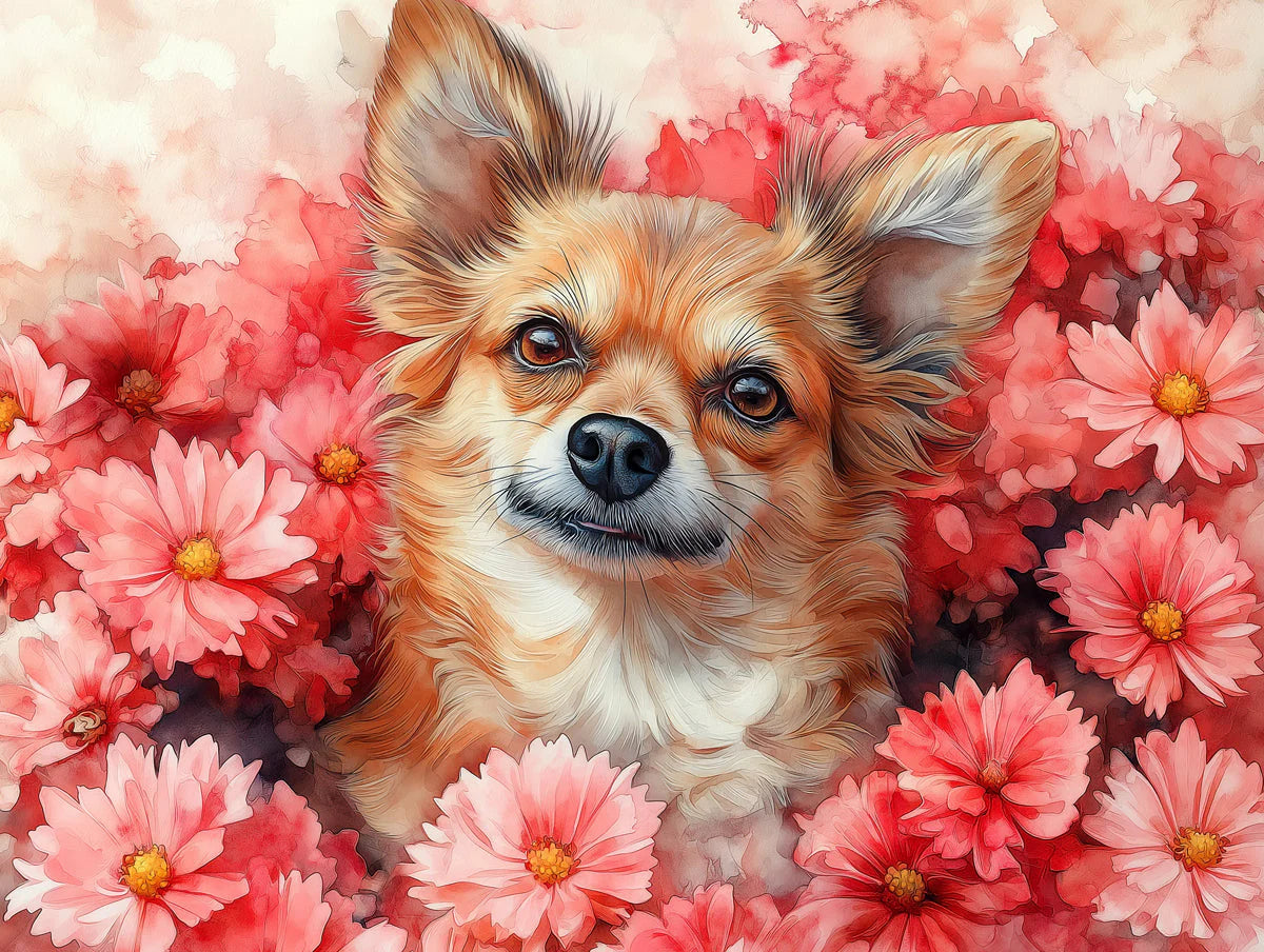 Chihuahua Floral Mural Wallpaper — Whimsical Painted Design Mural Wallpaper - room preview 02