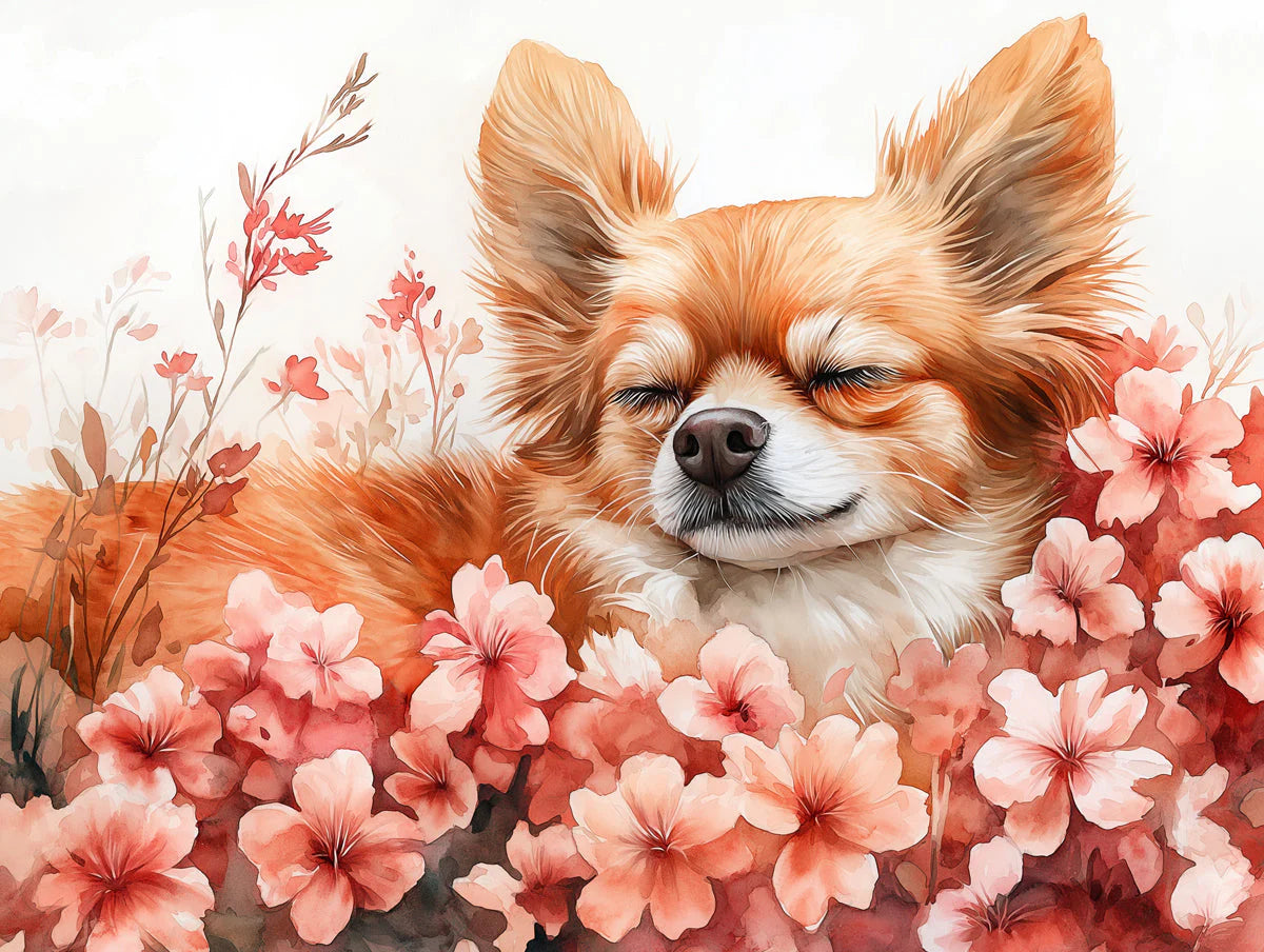Sleeping Chihuahua Mural Wallpaper — Soft Floral Whimsy Mural Wallpaper - room preview 02