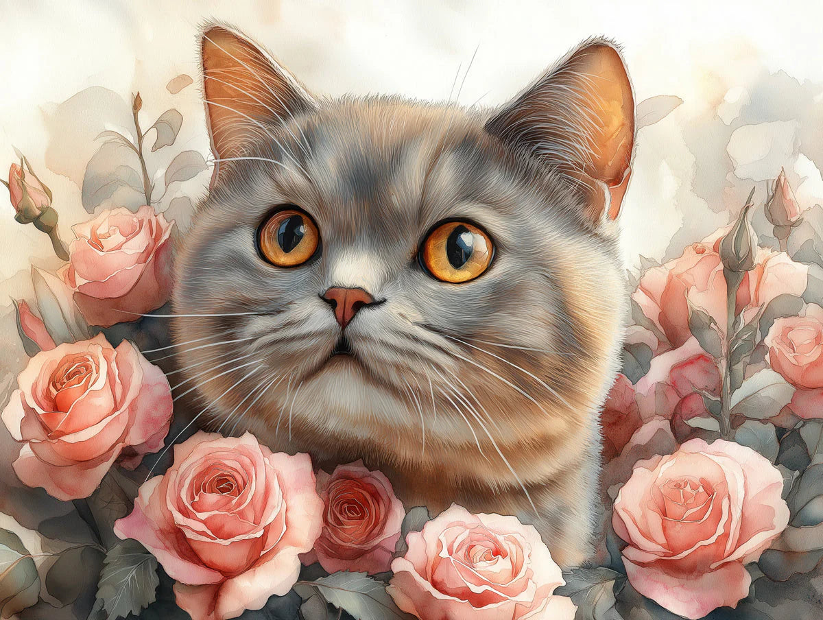 British Shorthair Cat Floral Mural Wallpaper — Soft Rose Garden Mural Wallpaper - room preview 02