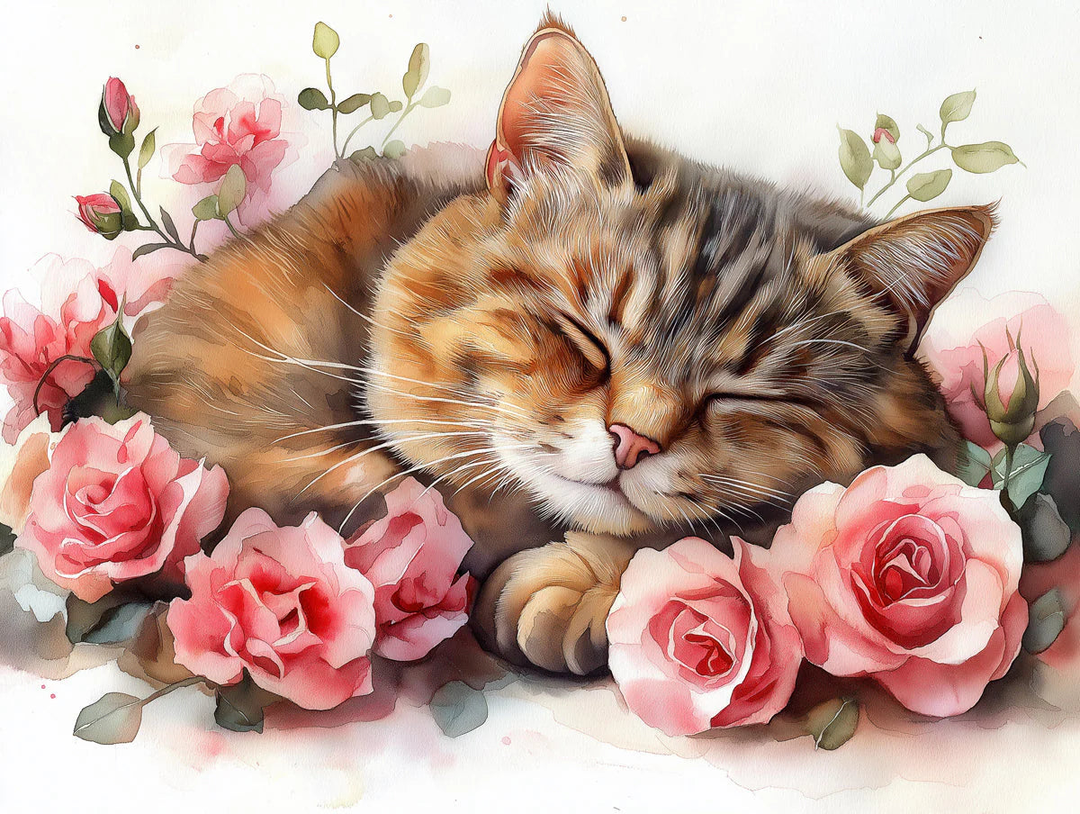 Sleeping Tabby Cat and Rose Mural Wallpaper — Whimsical Floral Mural Wallpaper - room preview 02
