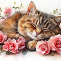 Sleeping Tabby Cat and Rose Mural Wallpaper — Whimsical Floral Mural Wallpaper - room preview 02