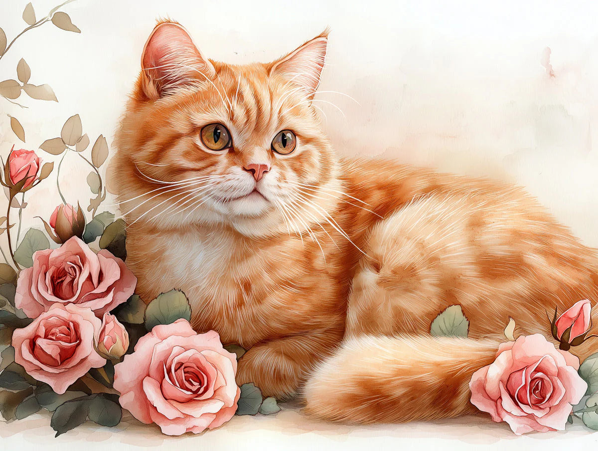 Orange Tabby Cat and Roses Mural Wallpaper — Whimsical Floral Art Mural Wallpaper - room preview 02