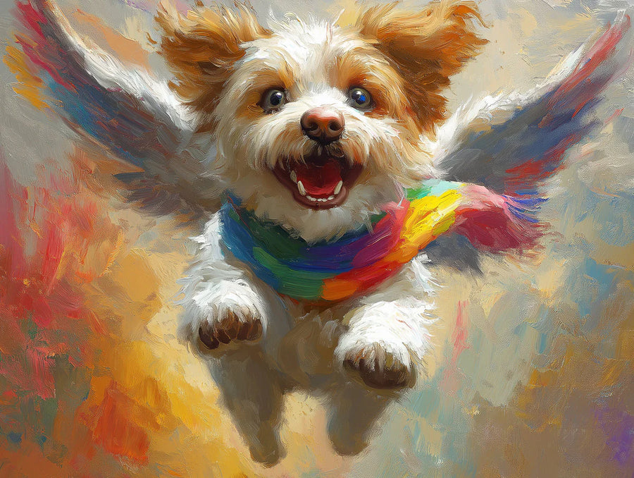 Fliegender geflügelter Hund Wandtapete – Wandtapete mit skurrilem Regenbogen-Schal-Kunstwerk printable artwork