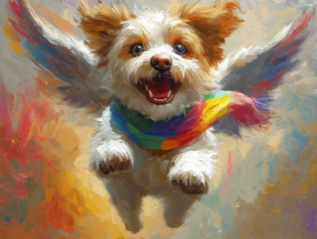 Flying Winged Dog Mural Wallpaper — Whimsical Rainbow Scarf Art Mural Wallpaper - room preview 02
