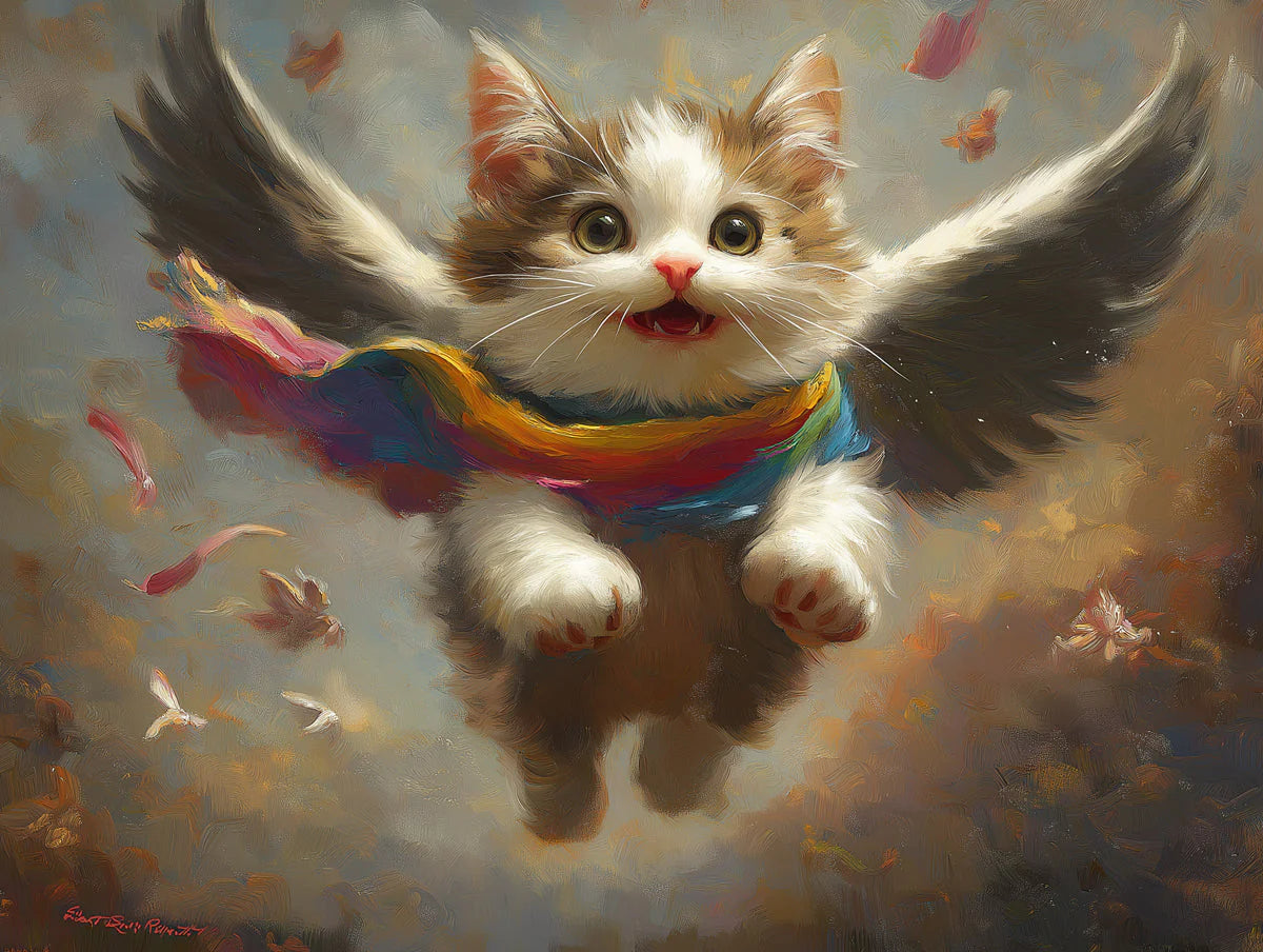 Flying Kitten with Wings Mural Wallpaper —Whimsical Fantasy Art Mural Wallpaper - room preview 02