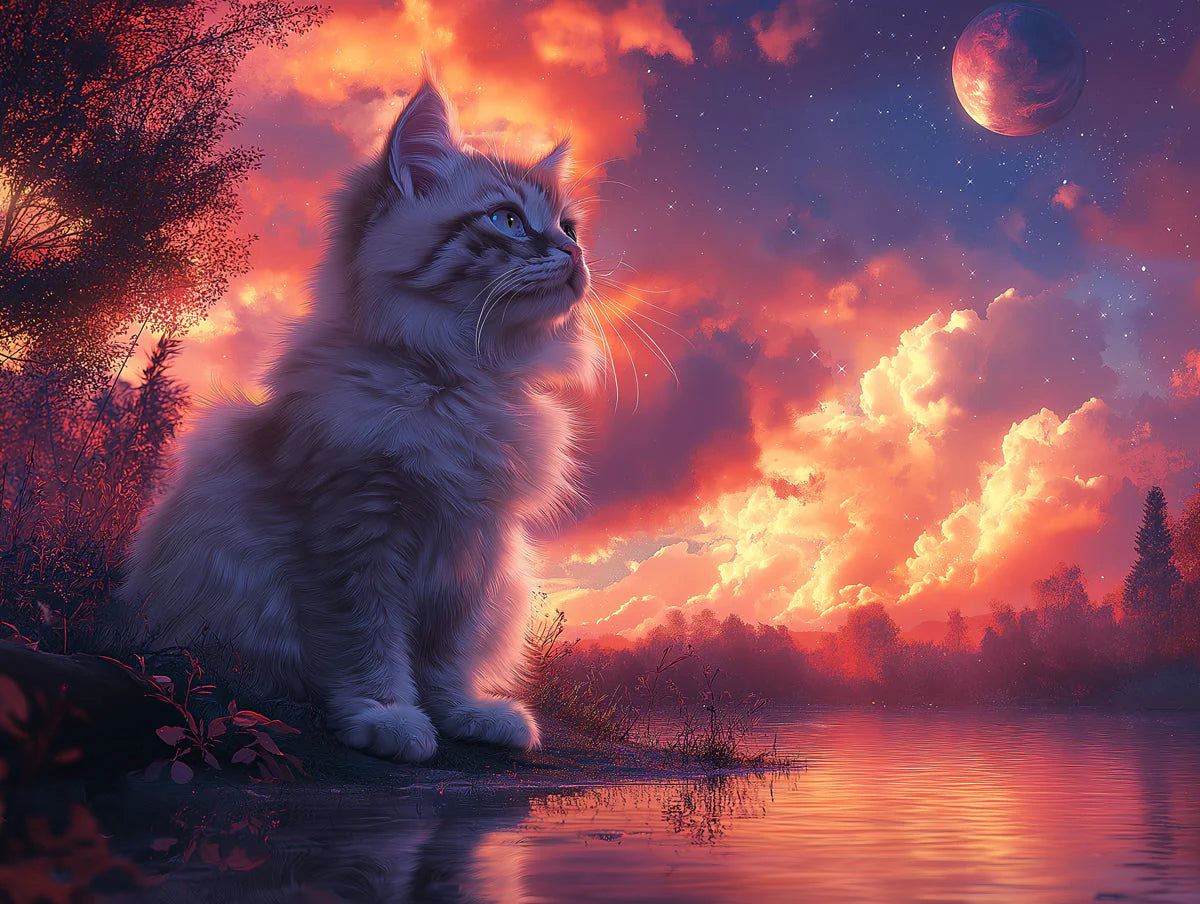 Fluffy Cat Sunset Mural Wallpaper — Dreamy Horizon Scene Mural Wallpaper - room preview 02
