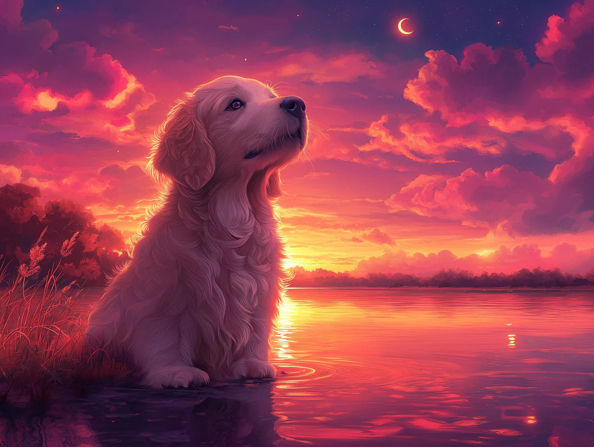 Golden Retriever Sunset Mural Wallpaper — Dreamy Lakeside Scene Mural Wallpaper - room preview 02