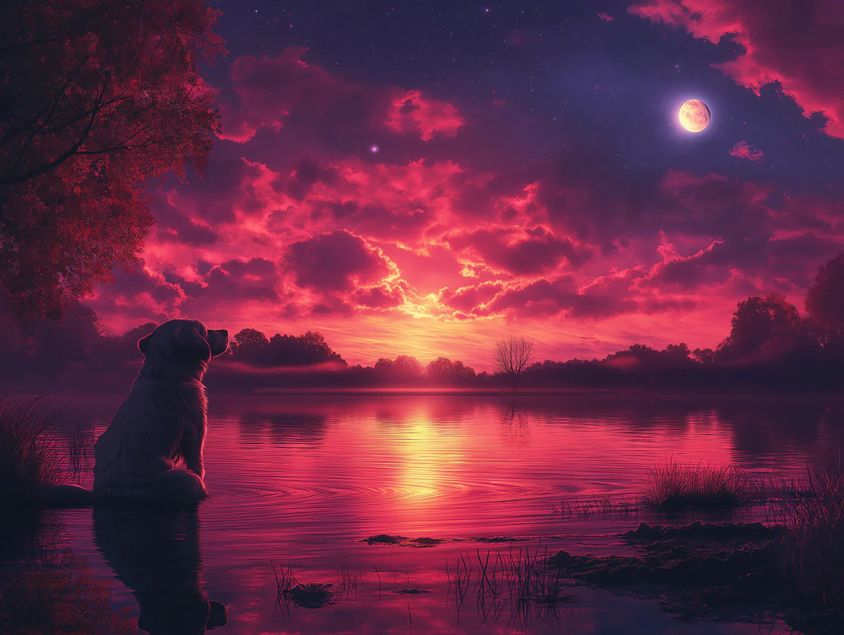 Golden Retriever Lakeside Sunset Mural Wallpaper — Dreamy Landscape Mural Wallpaper - room preview 02