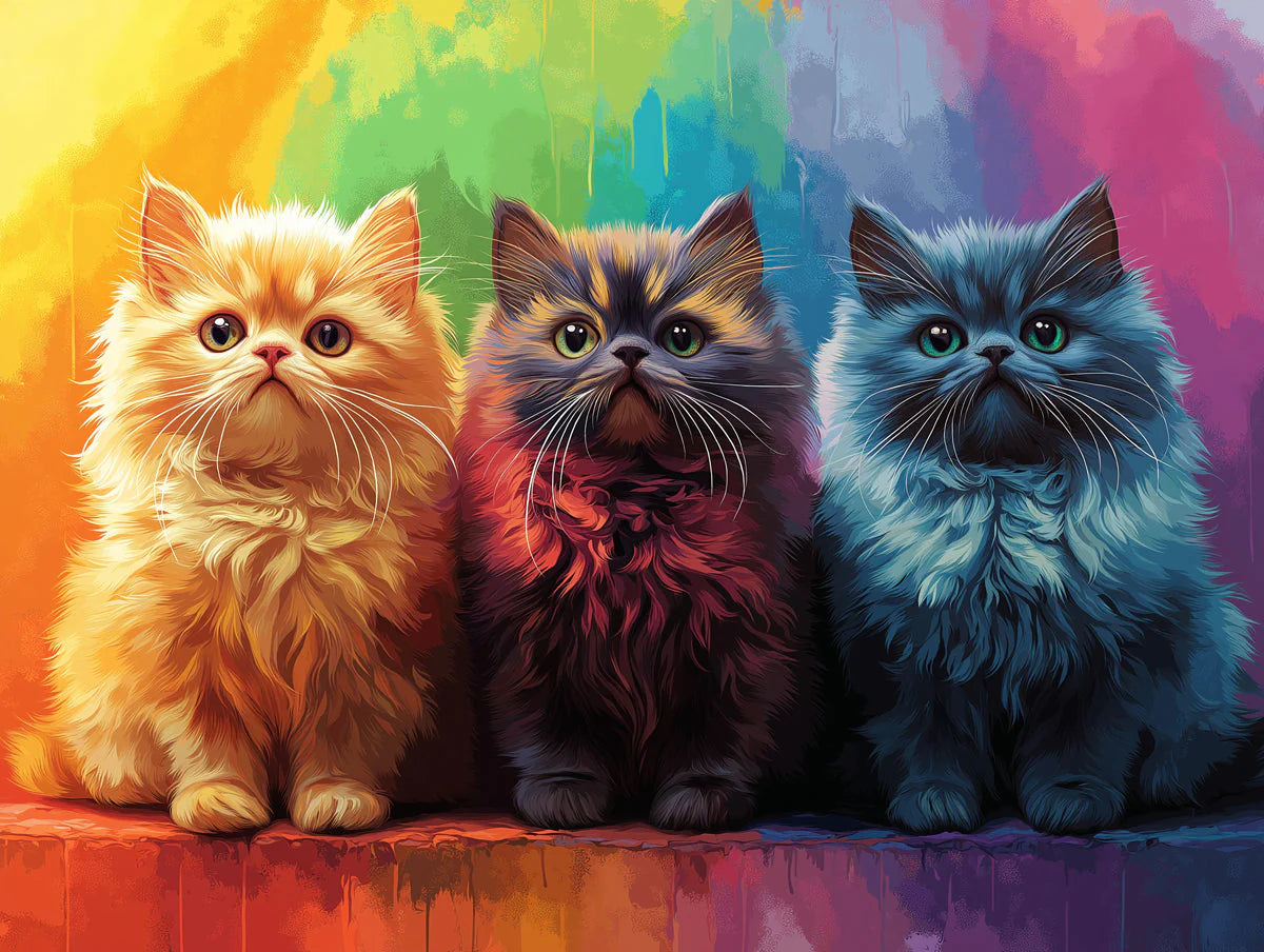 Trio of Fluffy Cats Mural Wallpaper — Colorful Whimsical Art Mural Wallpaper - room preview 02