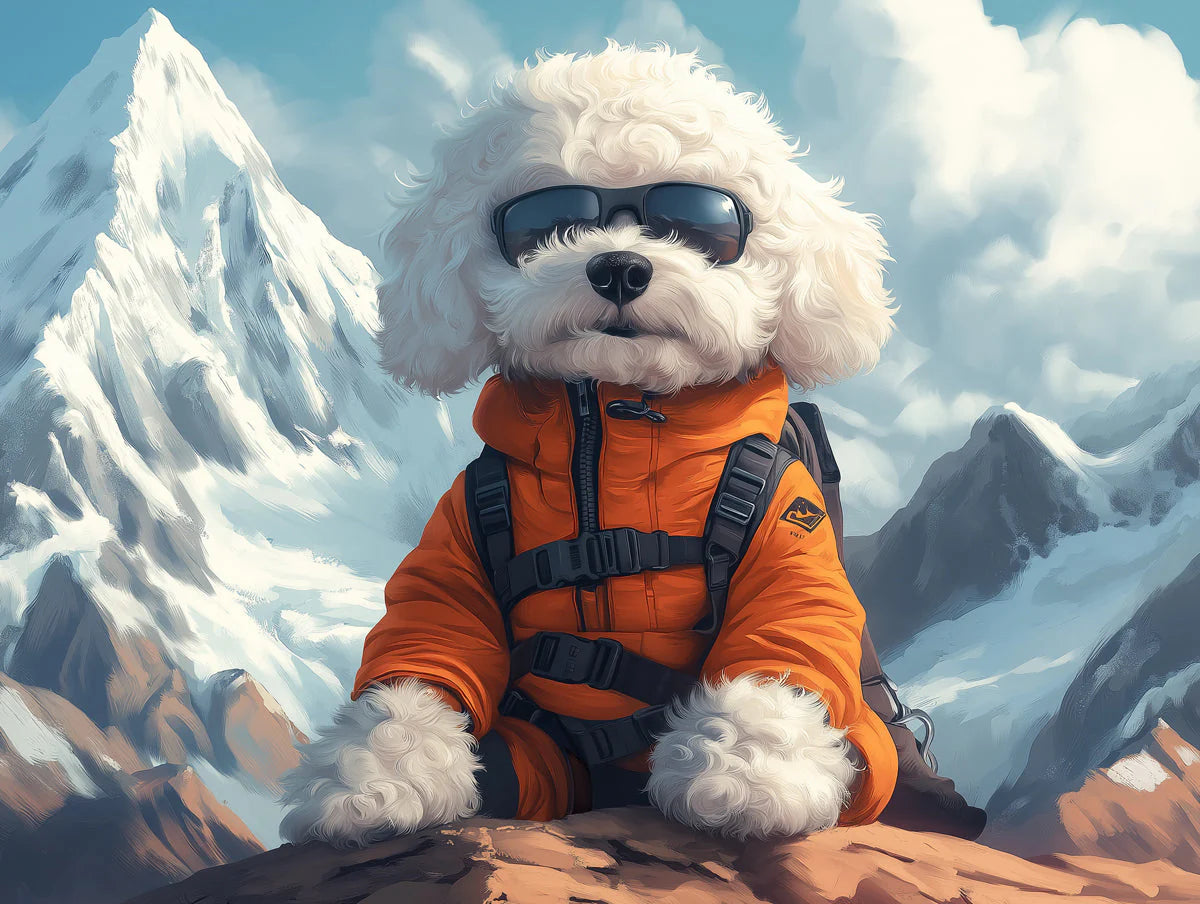 Alpine Explorer Poodle Mural Wallpaper —Whimsical Mountain Scene Mural Wallpaper - room preview 02