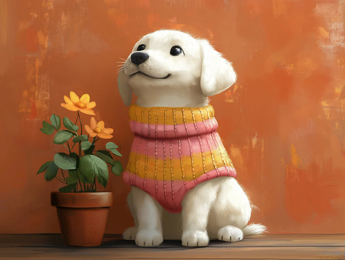 Puppy in Sweater Mural Wallpaper —Warm Painterly Illustration Mural Wallpaper - room preview 02