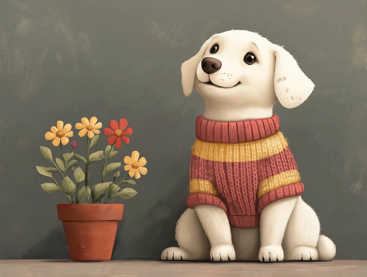Dog in Sweater Mural Wallpaper —Whimsical Painted Illustration Mural Wallpaper - room preview 02