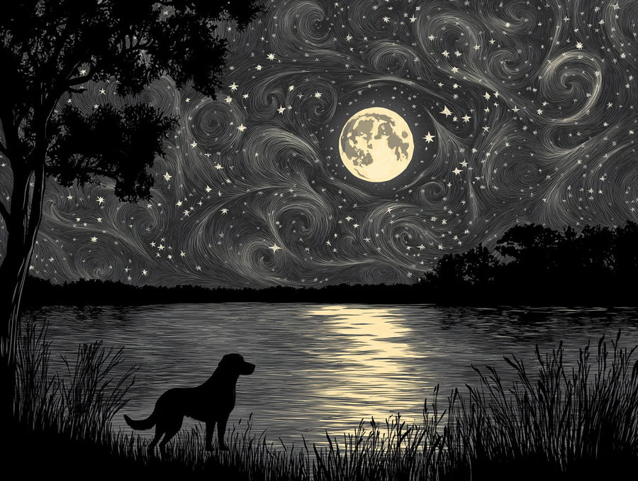 Galaxy Wallpaper Mural – Space Wall Mural – Moonlit Dog and Cosmic Sky — Monochrome Art printable artwork