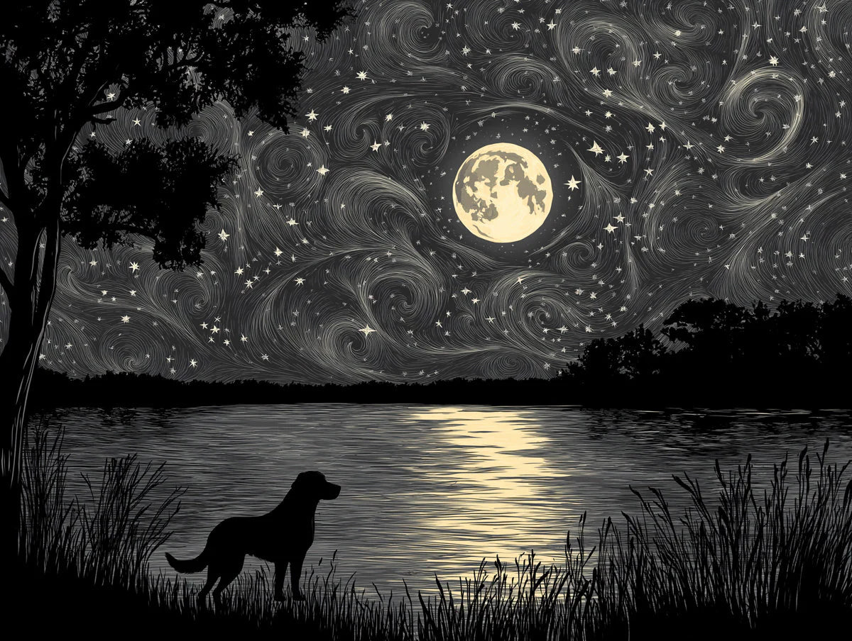 Moonlit Dog and Cosmic Sky Mural Wallpaper — Monochrome Art Mural Wallpaper - room preview 02