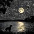 Moonlit Dog and Cosmic Sky Mural Wallpaper — Monochrome Art Mural Wallpaper - room preview 02