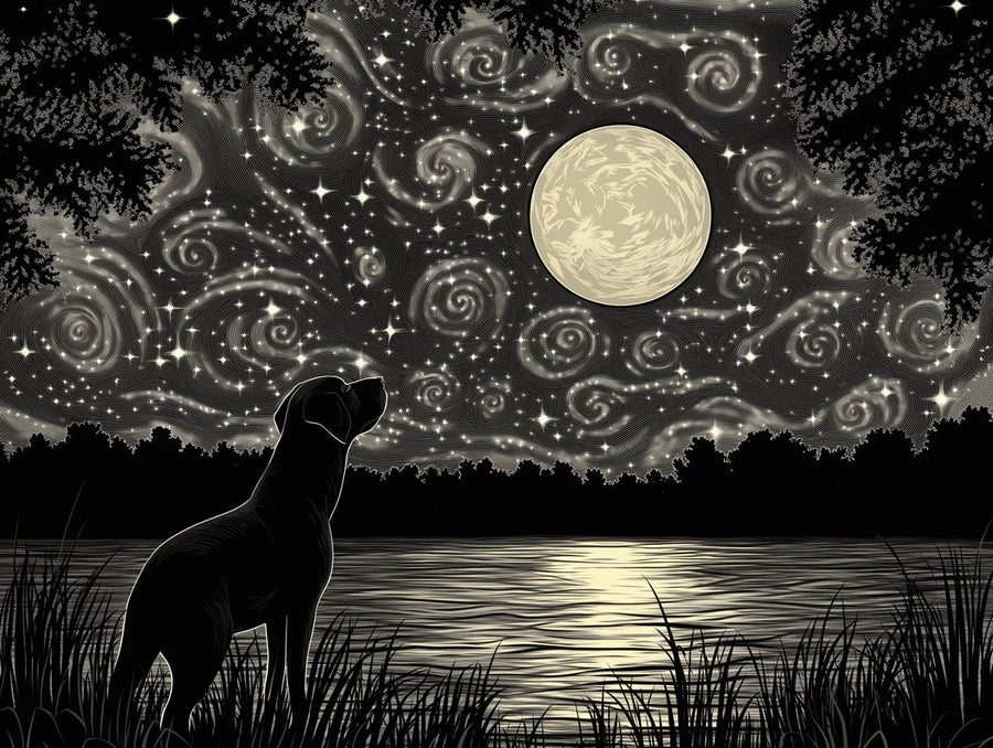 Moon Wallpaper Mural – Lunar Wall Mural – Starlit Dog and Moon — Cosmic Night Scene printable artwork