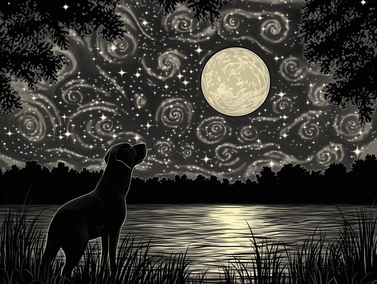 Starlit Dog and Moon Mural Wallpaper — Cosmic Night Scene Mural Wallpaper - room preview 02
