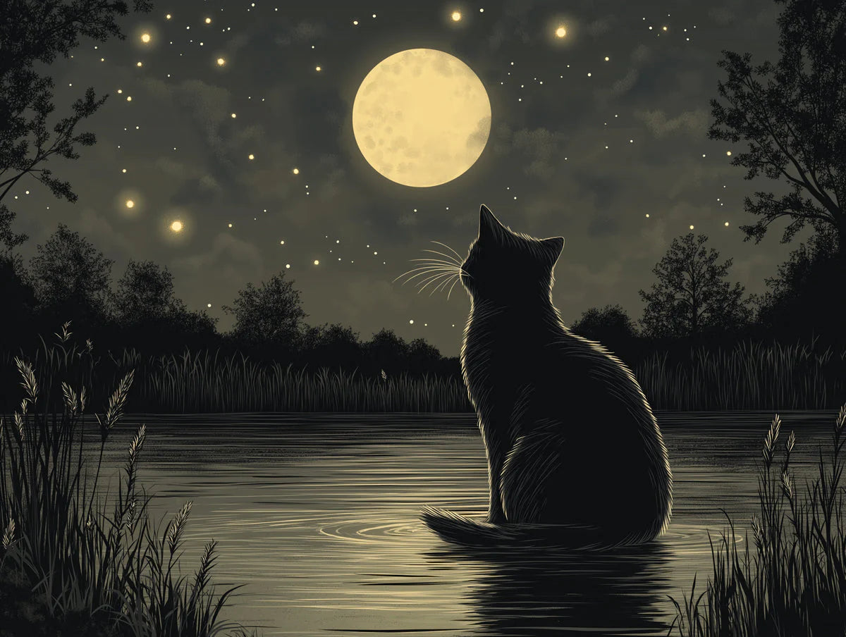 Moonlit Cat Silhouette Mural Wallpaper — Night Sky Illustration Mural Wallpaper - room preview 02