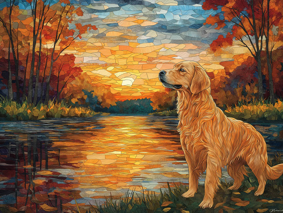 Golden Retriever Mosaic Mural Wallpaper — Autumn Sunset Landscape Mural Wallpaper - room preview 02