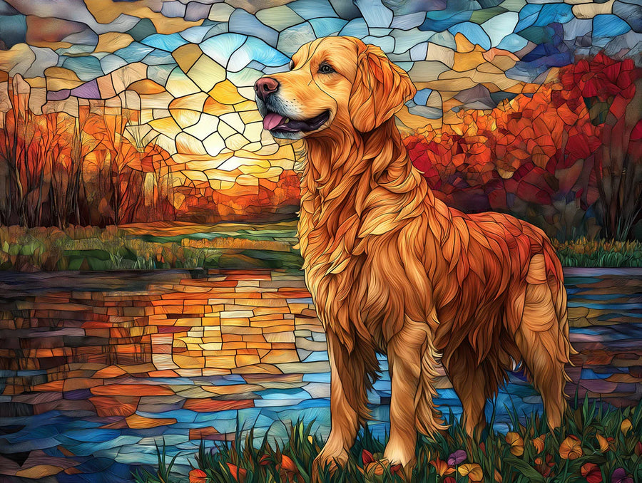 Papier peint mural Coucher de soleil Golden Retriever — Papier peint mural Paysage d'automne mosaïque printable artwork