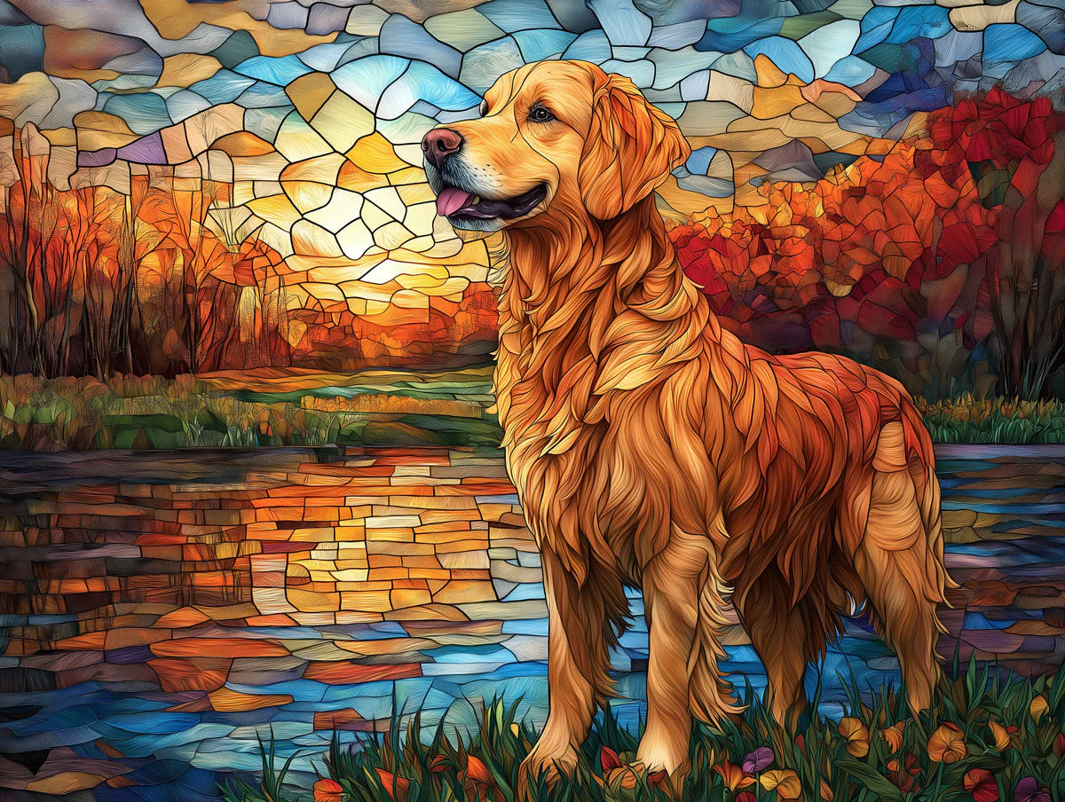 Golden Retriever Sunset Mural Wallpaper — Mosaic Autumn Landscape Mural Wallpaper - room preview 02